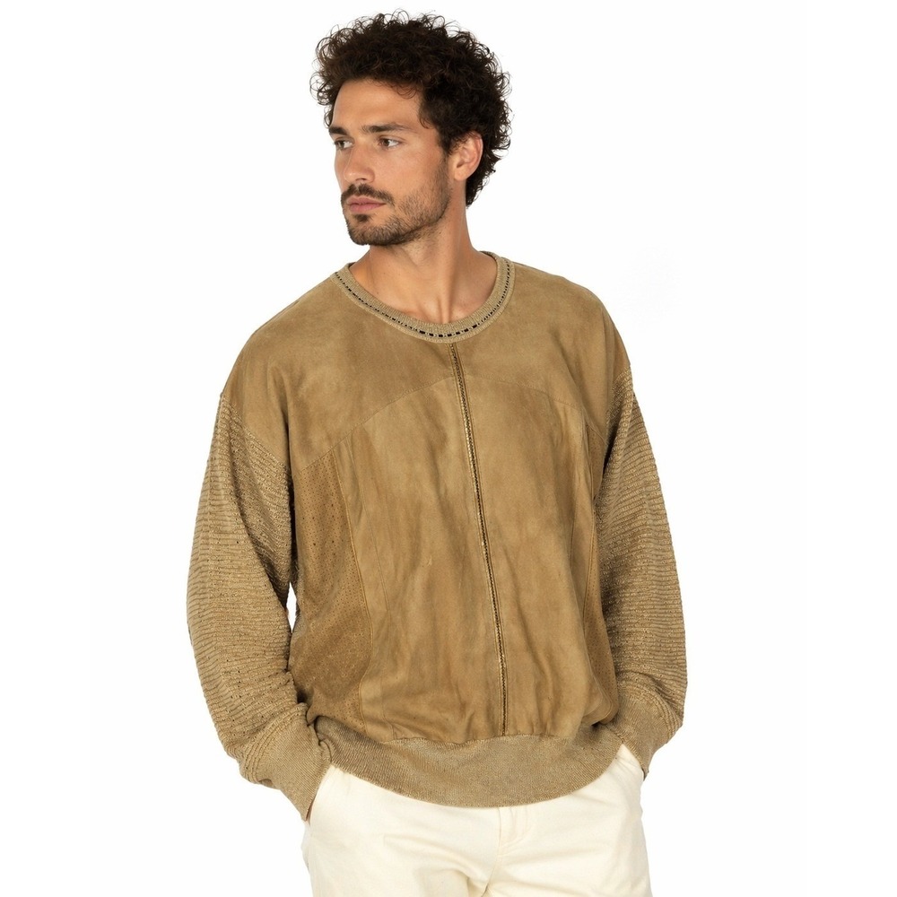 Umberto Bilancioni Leather Panel Sweater‎ Mens L 52 Linen Blend Italy Vintage